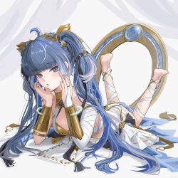 1girl absurdres ahoge ancient_greek_clothes barefoot blue_eyes blue_hair blush breasts commentary gold_bra greco-roman_clothes hands_up hashtag-only_commentary head_wreath highres iuno_(wuthering_waves) long_hair looking_at_viewer lying medium_breasts multicolored_hair on_stomach parted_lips riuv187567 shoes solo streaked_hair the_pose twintails unworn_shoes very_long_hair wuthering_waves