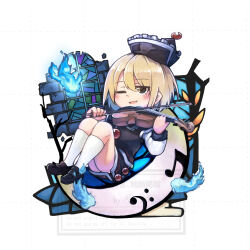 Rule 34 | 1girl, ;d, bass clef, beamed eighth notes, black hat, black shoes, black skirt, blonde hair, bow (music), commentary request, crescent, crescent hat ornament, faux figurine, full body, ginnkei, hair between eyes, hat, hat ornament, holding, holding bow (music), holding instrument, holding violin, instrument, kneehighs, loafers, long sleeves, looking at viewer, lunasa prismriver, music, musical note, one eye closed, open mouth, playing instrument, shirt, shoes, short hair, simple background, skindentation, skirt, smile, socks, solo, stained glass, touhou, violin, watermark, white background, white shirt, white socks, yellow eyes