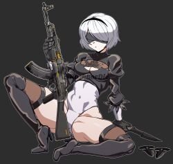 1girl 2b_(nier:automata) absurdres ak-47 assault_rifle black_boots black_hairband black_shirt blindfold boots breasts cleavage cleavage_cutout closed_mouth clothing_cutout commentary commentary_request commission counter-strike_(series) counter-strike_2 crop_top dagger english_commentary expressionless full_body grey_background gun hairband high_heel_boots high_heels highleg highleg_leotard highres holding holding_dagger holding_gun holding_knife holding_weapon hugo_(rushbordie) kalashnikov_rifle knife leotard leotard_under_clothes medium_breasts mole mole_under_mouth nier:automata nier_(series) push_dagger rifle shirt simple_background sitting solo thigh_boots weapon white_hair white_leotard