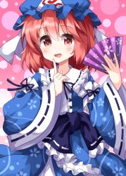 1girl black_ribbon blue_hat blue_kimono collarbone cowboy_shot dotted_background floral_print folding_fan frilled_sash frilled_shirt_collar frills gradient_background hair_between_eyes hand_fan hat highres holding holding_fan index_finger_raised japanese_clothes kimono long_sleeves looking_at_viewer medium_hair mob_cap neck_ribbon open_mouth pink_background pink_eyes pink_hair ribbon ribbon-trimmed_collar ribbon-trimmed_sash ribbon-trimmed_sleeves ribbon_trim ruu_(tksymkw) saigyouji_yuyuko saliva sash smile solo spiral standing touhou triangular_headpiece white_ribbon wide_sleeves