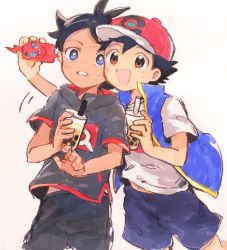 2boys :d ash_ketchum baseball_cap black_hair blue_eyes blue_vest brown_eyes commentary_request dark-skinned_male dark_skin friends gen_4_pokemon goh_(pokemon) grey_shirt hair_ornament hairclip happy hat highres holding holding_phone juice kurage2535 male_focus multiple_boys nintendo open_mouth orange_juice phone pokemon pokemon_(anime) pokemon_(creature) pokemon_journeys rotom rotom_phone selfie shirt simple_background smile spiked_hair surprised taking_picture teeth vest white_background white_shirt