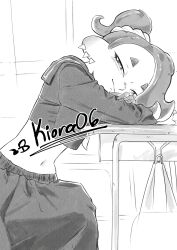 1girl absurdres artist_name cephalopod_eyes closed_mouth commentary crop_top cropped_shirt desk earrings english_commentary head_rest highres jewelry kiora06 looking_at_viewer medium_hair midriff multiple_earrings navel nintendo octoling on_chair photo-referenced shiver_(splatoon) shiver_(young)_(splatoon) short_eyebrows sitting smile solo splatoon_(series) splatoon_3 tentacle_hair thick_eyebrows tooth_earrings twitter_username