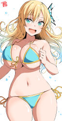 Rule 34 | 1girl, 2025, artist name, belko, bikini, blonde hair, blue bikini, blue eyes, blush, boku wa tomodachi ga sukunai, bouncing breasts, breasts, butterfly hair ornament, cleavage, collarbone, curvy, dated, fang, groin, hair ornament, highres, kashiwazaki sena, large breasts, long hair, looking at viewer, navel, open mouth, side-tie bikini bottom, simple background, smile, stomach, swimsuit, thick thighs, thighs, underboob, white background, wide hips