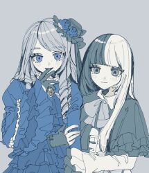 1boy 1girl androgynous babytij black_gloves blue_eyes commentary drill_hair drill_sidelocks frilled_hat frills gloves hat holding husband_and_wife jiip_stomach kamen_rider kamen_rider_gavv_(series) liselle_jaldak lolita_fashion long_hair long_sleeves looking_at_viewer mini_hat sidelocks simple_background smile symbol-only_commentary upper_body