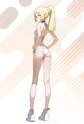 1girl absurdres ass back bikini black_choker blonde_hair breasts brown_background choker commentary english_commentary full_body green_eyes highres lillie_(pokemon) looking_at_viewer looking_back medium_hair nintendo otokakoto pokemon pokemon_sm ponytail shoes side-tie_bikini_bottom small_breasts solo standing striped_background swimsuit white_background white_shoes