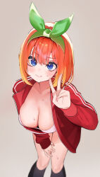 Rule 34 | 1girl, absurdres, black socks, blue eyes, blush, bra, breasts, cleavage, closed mouth, collarbone, commentary request, go-toubun no hanayome, green ribbon, grey background, hair ribbon, highres, jacket, kneehighs, large breasts, leaning forward, long sleeves, looking at viewer, nakano yotsuba, niku (hamuchang), orange hair, paid reward available, red jacket, ribbon, short hair, simple background, socks, solo, standing, sweat, track jacket, underwear, v, white bra