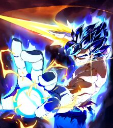 Rule 34 | 1boy, absurdres, arm blade, aura, blue eyes, blue hair, blue pants, commission, cowboy shot, dragon ball, dragon ball super, earrings, electricity, energy ball, energy sword, funnismonkis, glint, gloves, highres, jewelry, male focus, medium hair, muscular, muscular male, pants, potara earrings, solo, spiked hair, super saiyan, super saiyan blue, sword, topless male, vegetto, weapon, white gloves