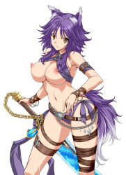 1girl absurdres animal_ear_fluff animal_ears arm_belt arm_strap armpits bare_shoulders belt bikini bracelet breasts breasts_out brown_belt collarbone commentary_request criss-cross_halter hair_between_eyes halterneck highres holding holding_sword holding_weapon jewelry large_breasts leg_belt leg_wrap long_hair looking_at_viewer makoto_(princess_connect!) makoto_(summer)_(princess_connect!) navel nipples parted_lips princess_connect! purple_bikini purple_hair side-tie_bikini_bottom sidelocks simple_background skindentation smile solo standing stomach swimsuit sword tail weapon white_background wolf_ears wolf_girl wolf_tail yatsushima_tetsuya yellow_eyes
