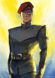 1boy backlighting belt beret blue_eyes blue_hair chirico_cuvie commentary_request cowboy_shot fubuki_(fakemonkey0224) gloves grey_jacket hat highres jacket male_focus military military_hat military_jacket military_uniform red_hat serious short_hair solo soukou_kihei_votoms straight-on