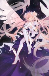 Rule 34 | 1girl, absurdly long hair, bow, breasts, choker, cleavage, cleavage cutout, clenched hand, closed eyes, clothing cutout, dress, energy wings, eyelashes, floating, floating hair, full body, gloves, gradient wings, hair bow, hands on own chest, high heels, highres, kaname madoka, light particles, long dress, long hair, mahou shoujo madoka magica, mahou shoujo madoka magica (anime), multicolored wings, own hands together, paiiart, parted lips, pink hair, pink wings, pleated sleeves, shoes, short sleeves, smile, solo, space, space print, spread wings, starry sky print, stiletto heels, thighhighs, twitter username, two-sided dress, two-sided fabric, two side up, ultimate madoka, very long hair, white bow, white choker, white dress, white gloves, white shoes, white thighhighs, white wings, winged shoes, wings