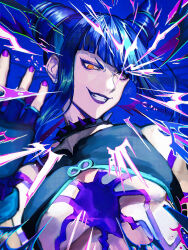 Rule 34 | blue theme, bracelet, breasts, chinese clothes, chromatic aberration, collar, drill hair, dudou, energy, evil grin, evil smile, fingerless gloves, from below, gloves, glowing, glowing eye, grin, hair horns, halftone, han juri, heterochromia, highres, jewelry, looking down, makeup, medium breasts, mma gloves, motoyui, portrait, purple lips, smile, spiked bracelet, spiked collar, spikes, street fighter, street fighter 6, takai misa, teeth, twin drills, underboob, upper body, yellow eyes