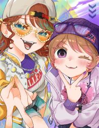 2girls :3 backwards_hat baseball_cap beanie blue_eyes blush brown_hair chain curly_hair eyewear_on_head fangs hand_on_own_cheek hand_on_own_face hat heart heart-shaped_eyewear identity_v jacket jewelry kurokurobin letterman_jacket lily_barriere looking_at_another multiple_girls necklace one_eye_closed open_mouth orange_hair puffy_cheeks purple_eyes purple_jacket purple_nails red_lips sharp_teeth short_hair shorts silver_chain smile squinting sunglasses teeth tracy_reznik twintails v yellow_jacket yellow_nails