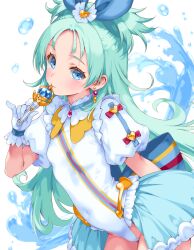 1girl absurdres aqua_hair back_bow blue_eyes blue_skirt bow breasts collared_leotard covered_navel cowboy_shot earrings gloves hair_bow highleg highleg_leotard highres holding holding_wand iwato_(celler) jewelry leotard light_smile long_hair looking_at_viewer magical_girl miniskirt princess_ripple princession_orchestra puffy_short_sleeves puffy_sleeves short_sleeves simple_background skirt small_breasts solo sorano_minamo two_side_up wand white_background white_gloves white_leotard
