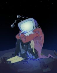 Rule 34 | 1boy, ant tenna, black pants, deltarune, facing viewer, full body, jacket, knees up, long nose, male focus, night, night sky, no eyes, no mouth, object head, pants, pointy nose, red jacket, shoes, sitting, sky, solo, star (sky), starry sky, television, tofu eggs, yellow shoes