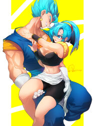 Rule 34 | 1boy, 1girl, armpit crease, bare arms, bare legs, bike shorts, black tube top, blue eyes, blue hair, blue pants, blue sash, breasts, bulchi, cleavage, collarbone, dougi, dragon ball, dragon ball super, dragonball z, earrings, eyelashes, feet out of frame, fingernails, frown, gloves, grin, hand on another&#039;s ass, hand on another&#039;s thigh, hands on another&#039;s chest, hands up, head tilt, height difference, high ponytail, jewelry, large breasts, light blush, light smile, looking at another, midriff, muscular, muscular male, narrow waist, navel, obi, ommmyoh, orange shirt, pants, parted bangs, parted lips, pectorals, pillarboxed, ponytail, potara earrings, profile, sash, shirt, sidelocks, simple background, single bang, sitting, sitting on lap, sitting on person, size difference, smile, spiked hair, strapless, swept bangs, tareme, thick thighs, thighs, toned, tube top, undershirt, vegetto, waist cape, white gloves, wide hips, wristband, yellow background