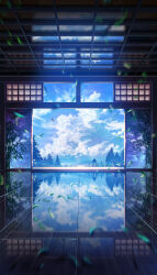 absurdres architecture cloud commentary_request east_asian_architecture english_text falling_leaves floor grass highres indoors leaf no_humans open_door original outdoors reflection reflective_floor scenery shouji sky sliding_doors smile_(qd4nsvik) tree wooden_floor
