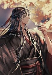 Rule 34 | 1boy, ahoge, alcohol, bishounen, black eyes, black hair, black hanfu, black robe, chinese clothes, coat, cup, english text, eyelashes, grey coat, hair down, hair ribbon, half updo, hand up, hanfu, highres, holding, holding cup, leaf, light particles, long hair, long sleeves, looking at viewer, male focus, mg ms dayo, modao zushi, night, official alternate costume, official alternate hairstyle, open clothes, open coat, outdoors, parted lips, red ribbon, red sash, ribbon, robe, sakazuki, sash, sidelighting, sidelocks, sky, solo, tree, twitter username, upper body, very long hair, watermark, wei wuxian, wei wuxian (yiling laozu), wide sleeves