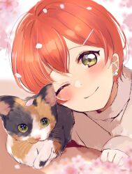 1girl animal blush cat closed_mouth ear_piercing falling_petals highres hoshizora_rin looking_at_viewer love_live! love_live!_school_idol_project one_eye_closed orange_hair petals piercing protected_link short_hair smile solo sweater tukiwa_poyo yellow_eyes