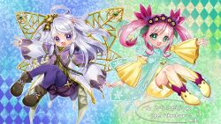 Rule 34 | 2girls, aromage jasmine, aromaseraphy jasmine, black boots, blue eyes, blush, boots, braid, commission, detached sleeves, dress, duel monster, fairy wings, flower, flower hairband, green eyes, grey hair, hair flower, hair ornament, homi28, long hair, long sleeves, looking at viewer, multiple girls, open mouth, pantyhose, pink hair, purple pantyhose, rikka queen strenna, shorts, skeb commission, smile, twin braids, twintails, wide sleeves, wings, yellow boots, yellow dress, yu-gi-oh!