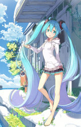 1girl absurdly_long_hair ahoge aqua_eyes aqua_hair barefoot beek cloud day feet female_focus hatsune_miku highres hood hoodie long_hair plaid pleated_skirt ruffling_hair skirt sky snow solo toes twintails very_long_hair vocaloid