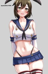 arms_behind_back black_hairband black_neckerchief black_panties blue_sailor_collar blue_skirt breasts brown_eyes brown_hair cosplay crop_top elbow_gloves gloves gluteal_fold grey_background hairband highleg highleg_panties highres hiryuu_(kancolle) kantai_collection large_breasts looking_at_viewer microskirt miniskirt mizuki_(uzuki_no_sato) neckerchief one_side_up panties pleated_skirt sailor_collar shimakaze_(kancolle) shimakaze_(kancolle)_(cosplay) shirt short_hair skirt sleeveless sleeveless_shirt smile striped_clothes striped_thighhighs thigh_gap thighhighs twitter_username underwear white_gloves