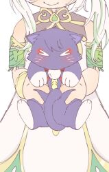 &gt;_&lt; 1girl animal animalization armlet bracelet cat closed_eyes closed_mouth detached_sleeves dress eyeliner eyeshadow facing_viewer feathers genshin_impact gold gold_trim green_hair green_sleeves highres holding holding_animal holding_cat jewelry long_hair makeup multicolored_hair nahida_(genshin_impact) pizakureya73 pom_pom_(clothes) purple_cat red_eyeliner red_eyeshadow scaramouche_(cat)_(genshin_impact) scaramouche_(genshin_impact) side_ponytail sidelocks smile streaked_hair string white_background white_dress white_hair yellow_feathers