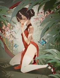 1girl ant black_hair bug butterfly candy china_dress chinese_clothes dress fern food from_side hair_rings high_heels highres insect kneeling liuxn lollipop long_hair original panties pelvic_curtain red_dress red_eyes red_shoes shoes side_slit thighhighs underwear white_panties white_thighhighs