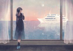 1girl black_dress black_eyes black_hair black_socks blue_shoes boat buttons circle closed_mouth commentary_request crescent_moon crossed_ankles cup curtains dress drinking_straw full_body glass harucoro25 highres holding holding_cup indoors long_dress long_hair moon ocean orange_sky original reflection reflective_water scenery see-through_silhouette shoes shooting_star sky smile socks solo sparkle standing straight-on straight_hair turning_head wake_(wave) water watercraft window yacht
