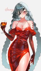 1girl artist_name bare_shoulders blush braid breasts chromatic_aberration cleavage collarbone commentary cowboy_shot cup dress drinking_glass earrings elbow_gloves english_commentary eyepatch gloves grey_hair halter_dress halterneck highres holding holding_cup jewelry large_breasts long_hair looking_at_viewer low_twin_braids parted_lips phrolova_(wuthering_waves) red_dress red_eyes red_gloves sanya_(sanya_lox228) side_slit solo tacet_mark_(wuthering_waves) taut_clothes taut_dress thighs twin_braids very_long_hair wuthering_waves