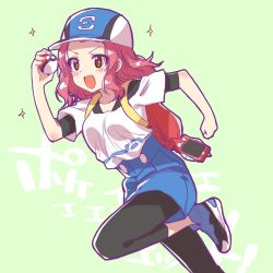 1girl :d backpack bag baseball_cap bettie_(pokemon) bettie_(pokemon)_(cosplay) black_shirt blue_hat blue_shoes blue_shorts brown_eyes commentary_request cosplay female_focus gen_1_pokemon girls_und_panzer green_background hat high-waist_shorts highres holding holding_poke_ball kuroi_mimei layered_clothes leaning_forward leg_up leggings leggings_under_shorts looking_to_the_side medium_hair nintendo no_socks open_mouth pantyhose phone poke_ball poke_ball_(basic) poke_ball_print pokemon pokemon_masters_ex porygon poryphone red_hair rosehip_(girls_und_panzer) running shirt shoes short_shorts shorts smile sneakers solo sparkle text_background v-shaped_eyebrows white_shirt