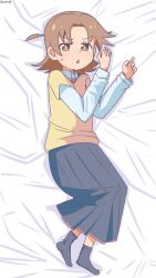 Rule 34 | 1girl, artist name, bambi2000line, bed sheet, black skirt, black socks, brown eyes, brown hair, commentary, full body, highres, jacket, layered sleeves, long skirt, long sleeves, looking at viewer, lying, on side, onii-chan wa oshimai!, pleated skirt, school uniform, shiina minori, shirt, short hair, short over long sleeves, short sleeves, skirt, socks, solo, triangle mouth, two side up, white shirt, yellow jacket
