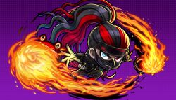 Rule 34 | 1boy, akiba ichinosuke, black hair, black jacket, black mask, black pants, blue eyes, chibi, chibi only, fire, forehead protector, grin, heterochromia, highres, jacket, long hair, looking at viewer, male focus, mask, mouth mask, multicolored hair, non-web source, official art, pants, ponytail, purple background, red eyes, red hair, red shoes, shoes, smile, solo, streaked hair, tribe nine, v-shaped eyebrows, very long hair