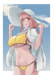 1girl absurdres bikini braid braided_ponytail breasts chikoku_no_oni fate/grand_order fate_(series) florence_nightingale_(chaldea_lifesavers)_(fate) florence_nightingale_(fate) folded_ponytail hat highres large_breasts long_hair looking_at_viewer pink_hair red_eyes side-tie_bikini_bottom sky smile sun_hat swimsuit wide_hips yellow_bikini