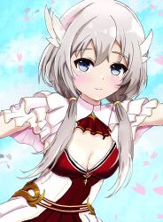 1girl assault_lily blue_eyes blue_sky blush breasts cleavage closed_mouth cloud commentary day dress ekakisyun falling_petals frilled_sleeves frills grey_hair hair_ornament hands_up highres layered_dress long_hair looking_at_viewer low_twintails medium_breasts official_alternate_costume outdoors outstretched_arms petals red_dress shiozaki_suzume short_sleeves sky smile solo twintails two-tone_dress upper_body white_dress wing_hair_ornament