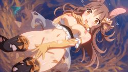 1girl blush breasts brown_hair bunny_(sakura_dungeon) elbow_gloves game_cg gloves large_breasts long_hair monster_girl nipples open_mouth rabbit_ears rabbit_girl sakura_dungeon solo thighhighs third-party_edit torn_clothes torn_gloves torn_thighhighs wanaca winged_cloud yellow_eyes