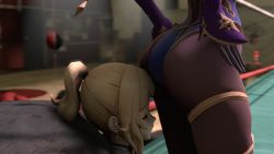 2girls 3d animated animated_gif ass blonde_hair cross cross_earrings earrings face_in_ass genshin_impact gloves highres jean_(genshin_impact) jewelry leotard mona_(genshin_impact) multiple_girls naslux pantyhose ponytail sexually_suggestive sitting sitting_on_face sitting_on_person smother waking_up wrestling yuri