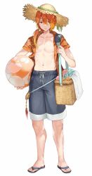 1boy alternate_costume bag ball beachball blue_swim_trunks brown_eyes brown_hair circlet fire_emblem fire_emblem_echoes:_shadows_of_valentia flip-flops haru_(nakajou-28) hat highres holding long_hair luthier_(fire_emblem) male_focus male_swimwear multicolored_hair nintendo open_clothes orange_hair orange_shirt ponytail red_hair sandals shirt shoulder_bag solo straw_hat sun_hat swim_trunks swimsuit
