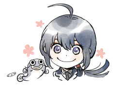 10s 1boy ahoge black_hair catfish fish long_hair looking_at_viewer male_focus mizuhara_aki namazuo_toushirou name_connection necktie object_namesake portrait purple_eyes smile solo touken_ranbu upper_body white_background