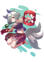1girl animal_ears anklet barefoot bear_trap breasts closed_mouth commentary_request dog_ears dog_girl dog_tail fang from_side grey_hair hashiro highres jewelry jumping looking_at_viewer medium_breasts midriff mitsugashira_enoko multicolored_hair multicolored_skirt multiple_tails navel necklace orb purple_shirt see-through_clothes shirt short_hair short_sleeves simple_background skirt smile smug solo streaked_hair tail touhou