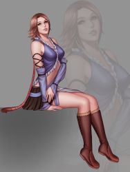 Rule 34 | 00s, 1girl, alternate costume, audia pahlevi, boots, brown hair, female focus, final fantasy, final fantasy x, final fantasy x-2, heterochromia, highres, looking at viewer, ponytail, short hair, sitting, solo, yuna