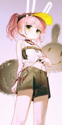 1girl animal_ears blush brown_shorts closed_mouth clothes_lift fake_animal_ears feet_out_of_frame from_below fymrie girls&#039;_frontline girls&#039;_frontline_neural_cloud green_eyes highres key keyring lifting_own_clothes looking_at_viewer navel pink_hair rabbit_balloon rabbit_ears shirt shirt_lift short_shorts shorts sleeveless sleeveless_shirt solo taisch_(neural_cloud) twintails visor_cap white_shirt