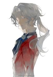 Rule 34 | 1boy, absurdres, ascot, black ascot, brooch, chinese commentary, colored eyelashes, curtained hair, dated, ear piercing, expressionless, frederick kreiburg, from side, grey eyes, grey hair, highres, identity v, jacket, jewelry, long hair, long sleeves, looking at viewer, looking to the side, male focus, mojieovo, parted bangs, parted lips, piercing, ponytail, popped collar, red jacket, shirt, simple background, solo, upper body, vest, white background, white shirt, white vest