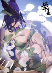 1girl absurdres alternate_breast_size blue_hair bowl breasts clorinde_(genshin_impact) food food_between_breasts food_on_body food_on_breasts food_on_legs genshin_impact hat highres long_hair medium_breasts nervous_smile purple_eyes rice seaweed smile solo tricorne tupiao_shaonu very_long_hair