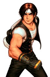 Rule 34 | 1boy, abs, belt, black hair, capcom vs snk 2, clenched hand, curtained hair, fingerless gloves, game cg, gloves, headband, highres, jacket, kusanagi kyou, male focus, mori toshiaki, muscular, muscular male, non-web source, official art, open clothes, open jacket, short hair, sleeveless, sleeveless jacket, smile, snk, solo, the king of fighters, veins, veiny arms, white background, white headband, white undershirt