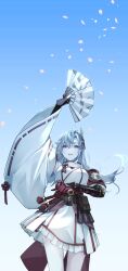 1girl absurdres blue_hair blue_sky breasts cherry_blossoms day detached_sleeves hair_between_eyes hair_ornament hand_fan hashtag-only_commentary highres holding japanese_clothes kaguya_(rune_factory) long_hair looking_at_viewer medium_breasts outdoors petals pouch purple_eyes ribbon-trimmed_sleeves ribbon_trim rune_factory rune_factory:_guardians_of_azuma single_detached_sleeve sky solo tassel wide_sleeves yoa428