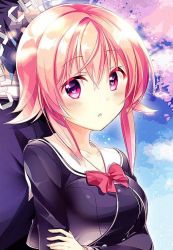 1boy 1girl :o back-to-back bad_id bad_twitter_id black_jacket blush bow bowtie chaos;child collarbone heart heart-shaped_pupils jacket miyashiro_takuru onoe_serika open_mouth pink_eyes pink_hair red_bow red_neckwear rotte_(1109) sailor_collar short_hair_with_long_locks sidelocks symbol-shaped_pupils white_sailor_collar