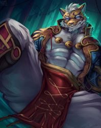 1boy abs animal_ears bara beige_fur blue_eyes from_below furry furry_male large_pectorals lin_hu_(nekojishi) looking_at_viewer male_focus muscular muscular_male navel nekojishi nipple_slip nipples nurinaki open_clothes orange_fur paid_reward_available pectoral_cleavage pectorals pelvic_curtain paid_reward_available smirk solo spread_legs stomach tail thick_thighs thighs tiger_boy tiger_ears tiger_tail