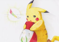 brown_eyes commentary_request creatures_(company) crying game_freak gen_1_pokemon hat holding holding_unworn_clothes holding_unworn_hat marker_(medium) nintendo no_humans open_mouth pikachu pokemon pokemon_(anime) pokemon_(creature) pokemon_focus pokemon_the_movie:_i_choose_you! rainbow_feather_(pokemon) sad solo spoilers tears traditional_media unworn_hat unworn_headwear white_background zao_(beans-alliance)