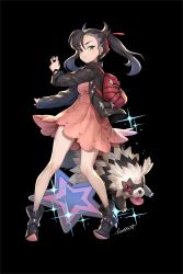 1girl aqua_eyes asymmetrical_hair backpack bag black_hair black_jacket choker dress earrings galarian_form galarian_zigzagoon gen_3_pokemon gen_8_pokemon hair_ribbon highres jacket jewelry leather leather_jacket long_sleeves marnie_(pokemon) nintendo pink_dress poke_ball poke_ball_(basic) pokemon pokemon_(creature) pokemon_swsh ribbon short_twintails stella_chen_yui twintails zigzagoon