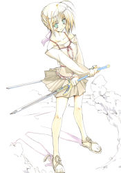 00s 10mo 1girl aqua_eyes artoria_pendragon_(fate) bare_shoulders blonde_hair caliburn_(fate) casual dual_wielding excalibur_(fate/stay_night) fate/stay_night fate_(series) female_focus holding official_alternate_costume saber_(fate) sandals skirt solo sword weapon